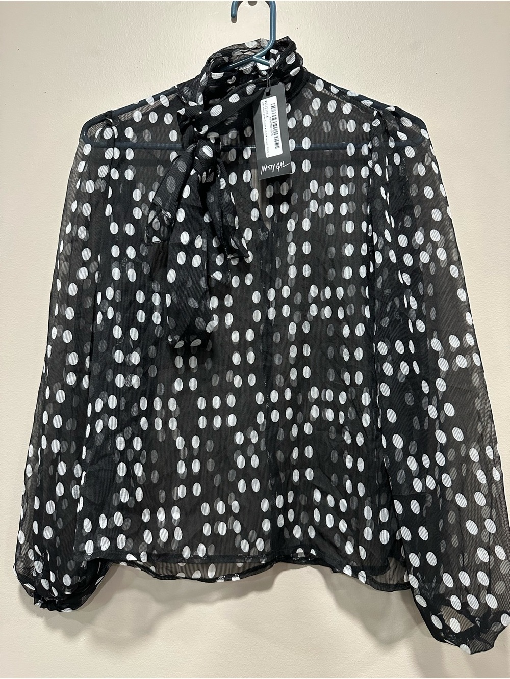 Nasty Gal "Dottie" Sheer Polka Dot Blouse | Tie Neck | Blouson Sleeves | NWT